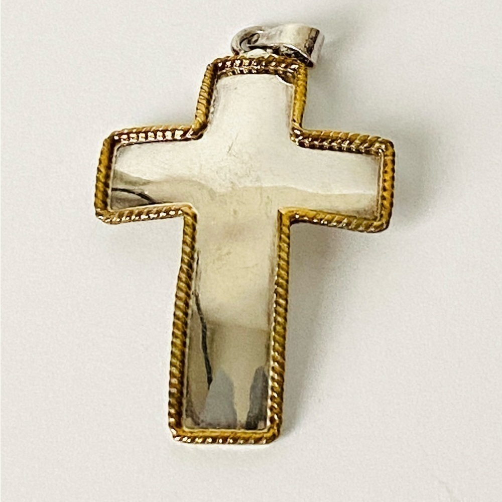 925 Cross Pendant Sterling Silver Gold Edge Ribbon Large Sterling Vintage 4.12g